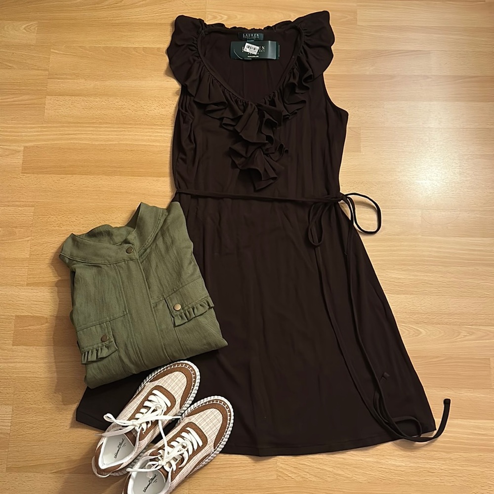 Lauren Ralph Lauren NWT brown ruffle neck dress size petite large